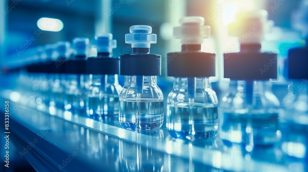 Close-up of medical vials in a laboratory setting with blue lighting, showcasing scientific research and pharmaceutical development. Close-up of medical vials in a laboratory setting with blue lighting, showcasing scientific research and pharmaceutical development.