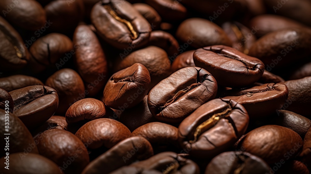 Naklejka premium Close-up view of roasted coffee beans, showcasing their rich color and texture, perfect for any coffee-related website or publication.