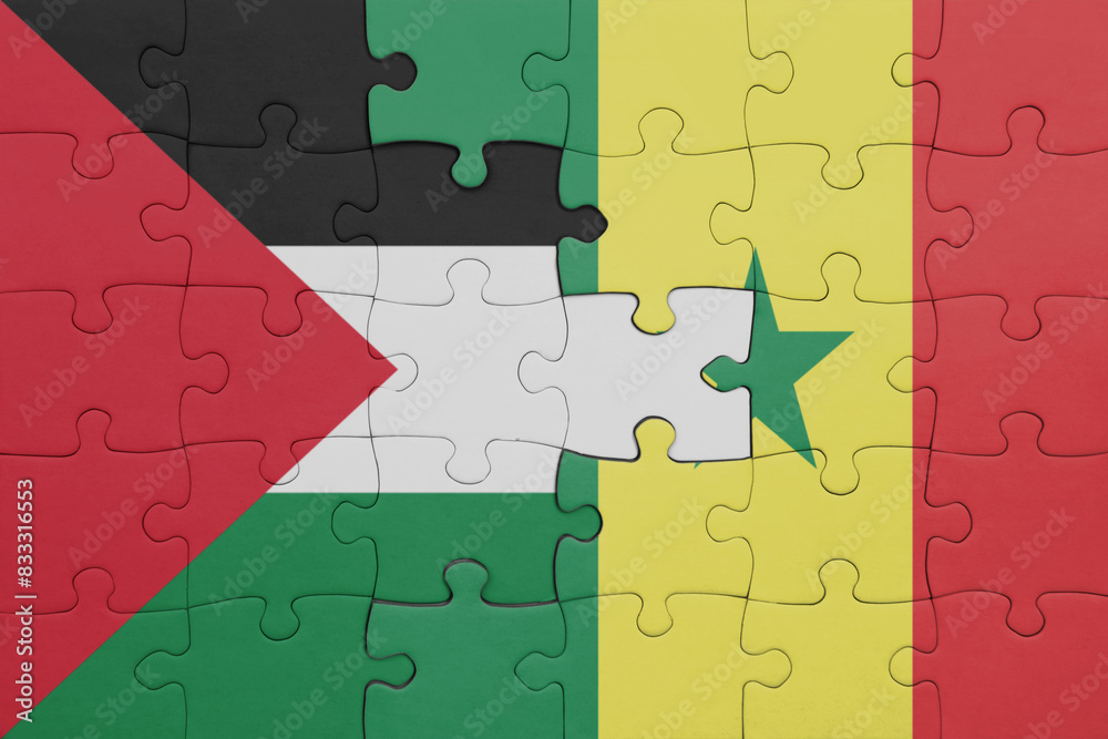 puzzle with the colourful national flag of senegal and flag of palestine. puzzle with the colourful national flag of senegal and flag of palestine.