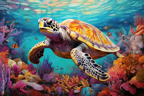 Exotic Colorful underwater sea turtle. Water reef. Generate Ai