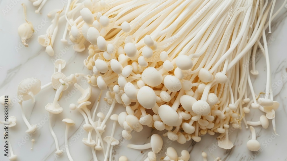 Realistic Photography of Enoki Mushroom in Flat Lay Realistic Photography of Enoki Mushroom in Flat Lay