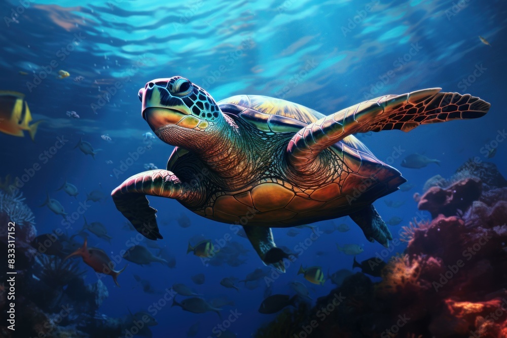 Obraz premium Mysterious Turtle underwater background. Ecosystem beauty. Generate Ai