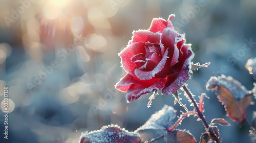 Eine gefrorene rote Rose im Morgenlicht. photo