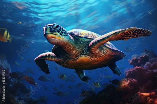 Mysterious Turtle underwater background. Ecosystem beauty. Generate Ai