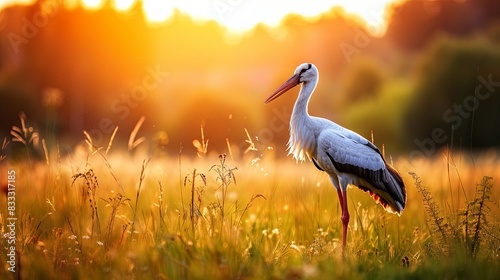 Adult European White Stork Standing In Green Summer Grass. Wild Field Bird In Sunset Time