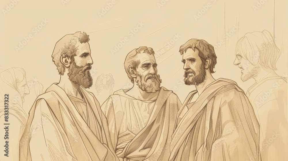 Naklejka premium Biblical Illustration of Acts 1: Ascension of Jesus, Promise of Holy Spirit, Selection of Matthias on Beige Background with Copyspace