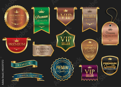 Golden luxury labels and badges gold premium quality certificate ribbons illustration