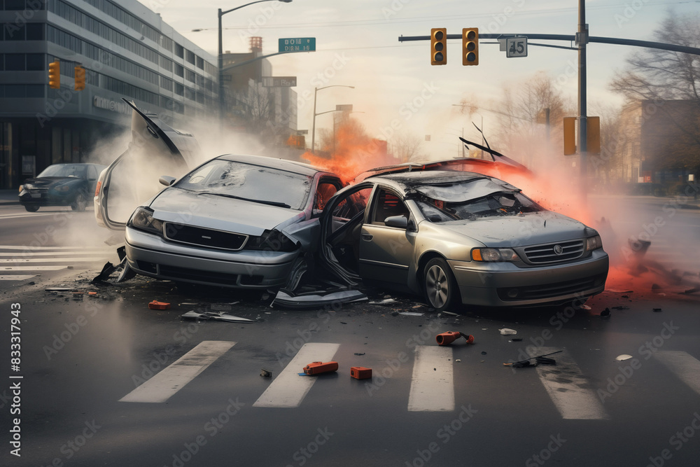 Car accident on city street. Generative AI Car accident on city street. Generative AI