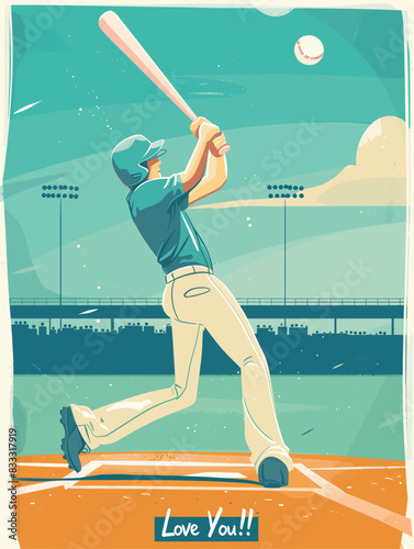 Baseball player swings the bat to hit the ball. Sports illustration, Baseball poster design, teens room wall art decor