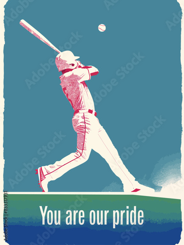 Baseball player swings the bat to hit the ball. Sports illustration, Baseball poster design, teens room wall art