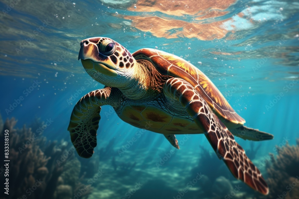 Fototapeta premium Aquatic Turtle swim sea. Coral dive. Generate Ai