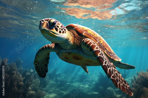 Aquatic Turtle swim sea. Coral dive. Generate Ai © juliars