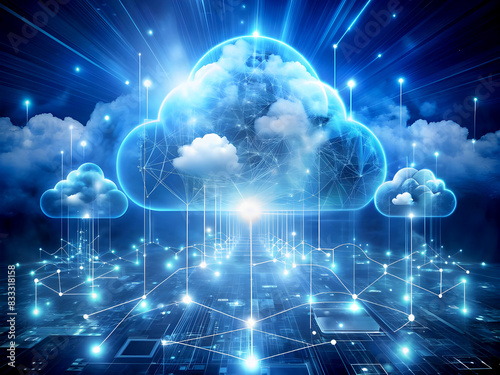 Business cloud computing: digital screen with application cloud service icons and blurry laptop at background