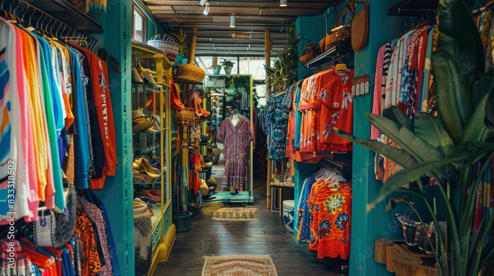 Obraz premium A vibrant assortment of clothes on display in a store.