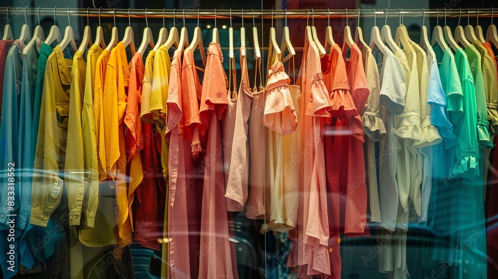 A vibrant assortment of clothes on display in a store.

