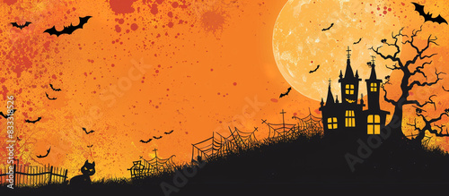 Halloween Fullmoon Banner  Witch  Haunted House  Pumpkins and Bats.