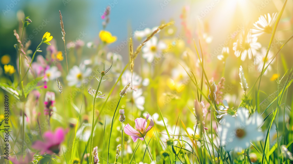 Spring meadow with blooming wildflowers and green grass Spring meadow with blooming wildflowers and green grass