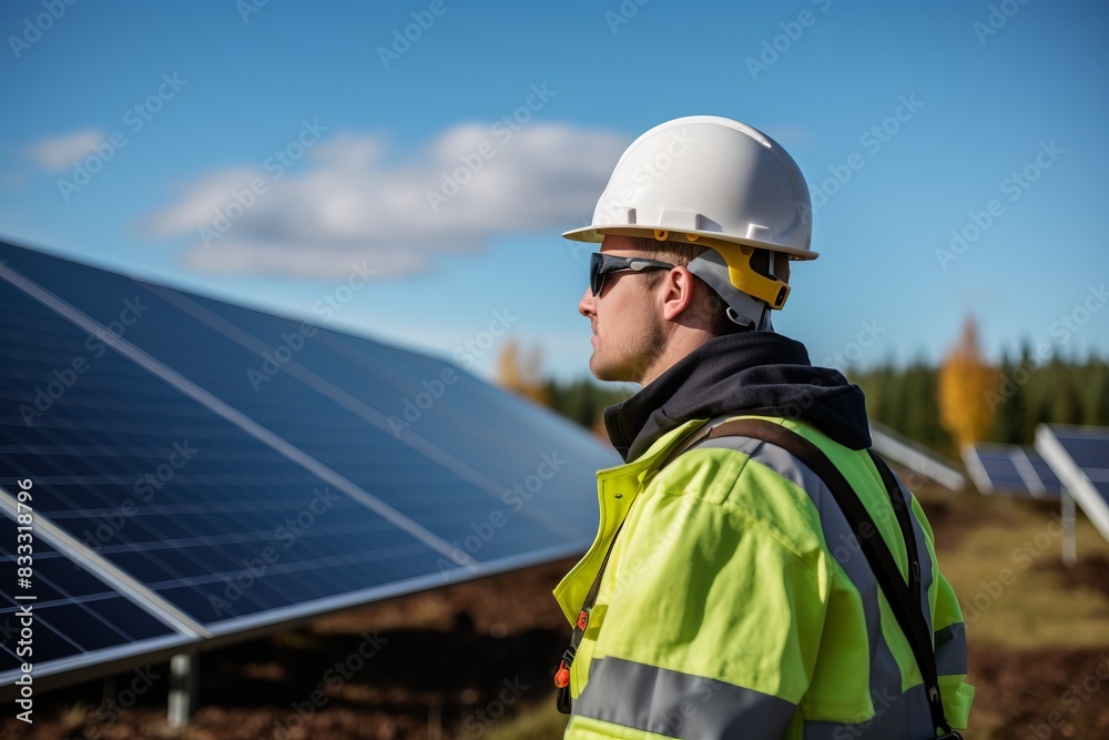 Engineer in safety gear inspecting solar panels on a sunny day, highlighting renewable energy and sustainable technology. Engineer in safety gear inspecting solar panels on a sunny day, highlighting renewable energy and sustainable technology.