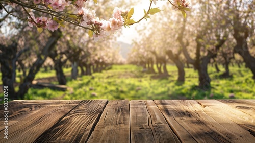 Empty wooden table with blooming cherry blossom trees in the background, sunlight creating a peaceful and serene springtime atmosphere.