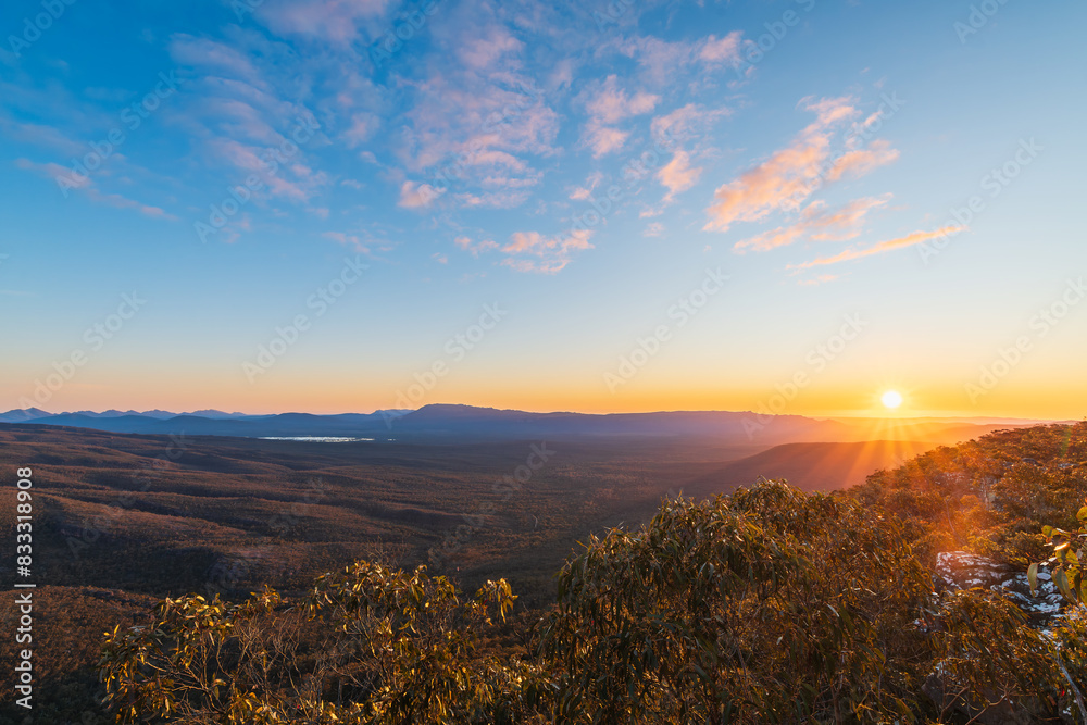 Grampians mountains vista landscape viewed from the Reed Lookout during sunset, Victoria, Australia