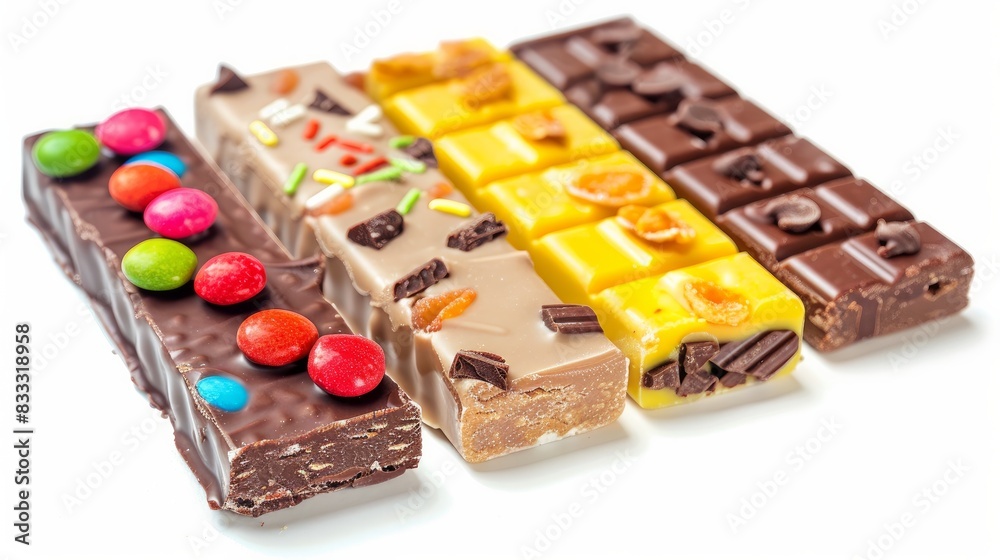 Assorted candy bars on a white background.
Assorted candy bars on a white background.