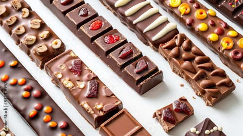 Assorted candy bars on a white background.

 photo