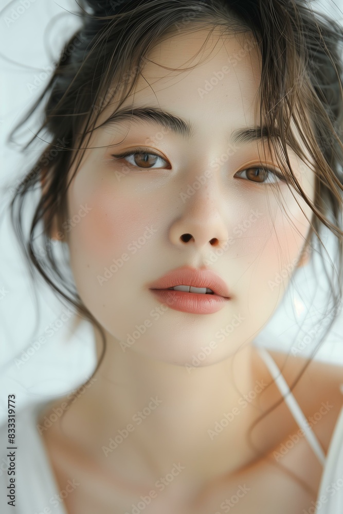 young East Asian woman with her hair tied back, wearing soft pink lipstick, studio shot, white background. young East Asian woman with her hair tied back, wearing soft pink lipstick, studio shot, white background.