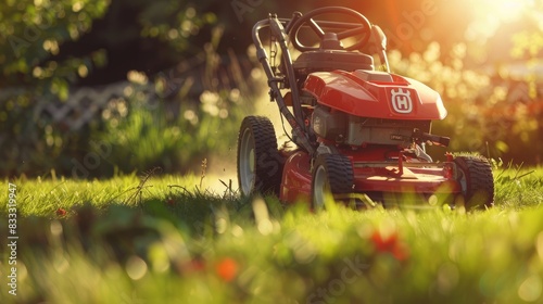 A lawnmower cutting grass in a home garden on a sunny day.

 photo