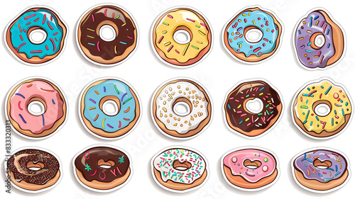 Big set of colorful donuts. Various types of donuts in glaze and chocolate, elements for design of cafe, menu, promo banner. Flat vector cartoon illustration.