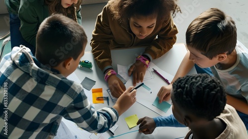 Diverse group of children collaborating on a school project, using paper, pens, and notes, fostering creativity and teamwork. photo