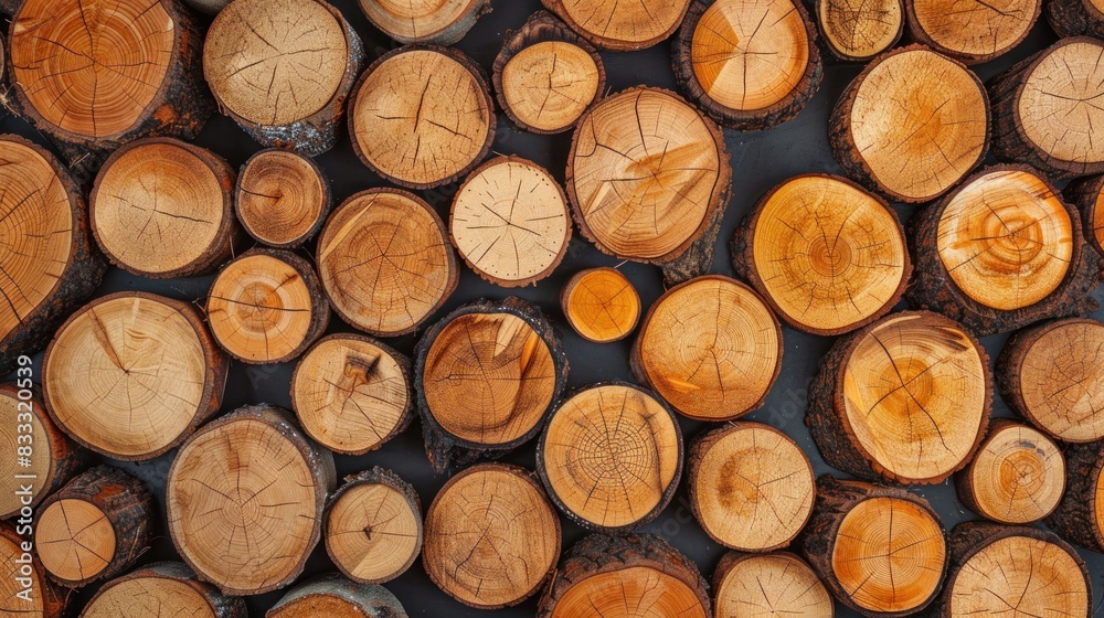A top-down view of neatly stacked natural wooden logs.
A top-down view of neatly stacked natural wooden logs.