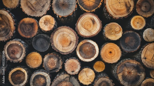 A top-down view of neatly stacked natural wooden logs.  