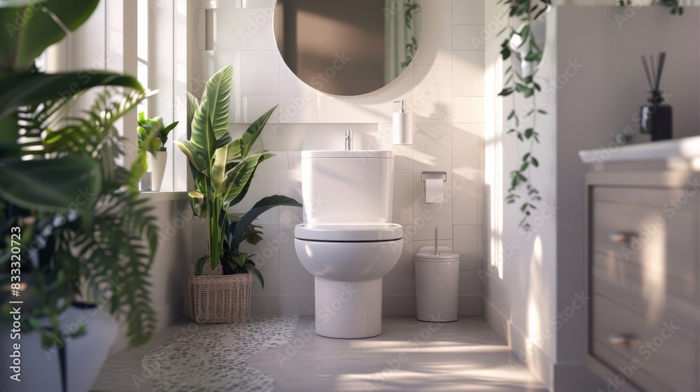 Fototapeta premium A modern bathroom scene with a toilet, tissue holder, and white trash bin beside a vanity unit.
