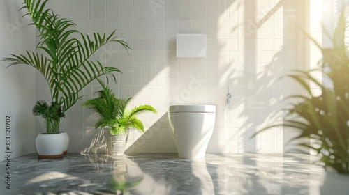 A sleek  modern bathroom featuring a white ceramic toilet and green houseplants.  