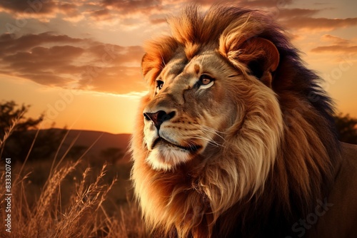 Majestic lion with a golden mane gazing into the distance during a stunning sunset in the wild.