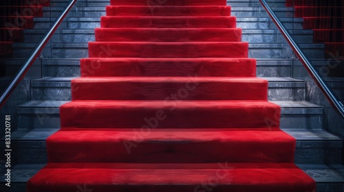 A luxurious red carpet elegantly laid on stairs, symbolizing success and glory.

