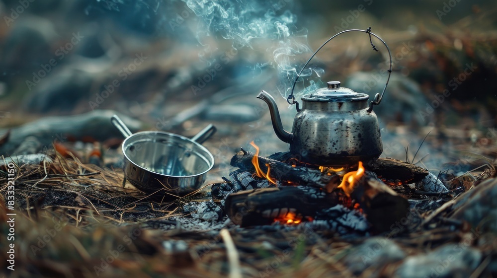 A small kettle heating on a campfire during a mountain hike.
A small kettle heating on a campfire during a mountain hike.