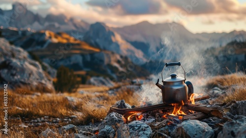 A small kettle heating on a campfire during a mountain hike.

 photo