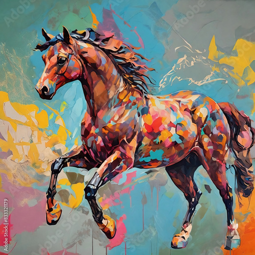 watercolor painting of a runnig horse with paint splashes on colorful canvas photo