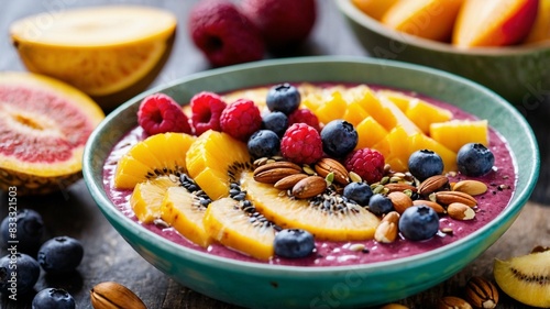 A vibrant smoothie bowl topped with an array of fresh fruits, seeds, and nuts, with a focus on vibrant colors and textures that highlight the health benefits. fruit salad with fruit