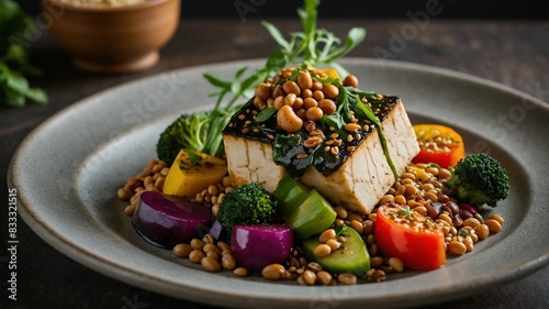 A beautifully plated plant-based meal, featuring colorful vegetables, grains, and a protein source like tofu or legumes, presented in an appealing, appetizing , lamb chops with potatoes and vegetables