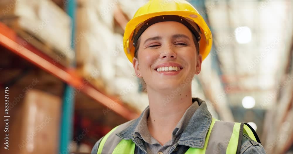 Helmet, tablet and woman in warehouse, smile and digital for inspection of storage and review online with app. Workplace, logistics and industrial for cargo, checklist and shipping of manufacturing