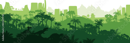 Dinosaur jungle background. Layered landscape with prehistoric rainforest. Parallax effect. Horizontal green panoramic backdrop with dinosaurs, mountains, palms, trees and bushes.