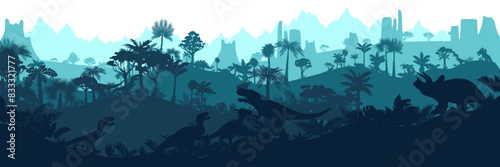 Dinosaur jungle background. Layered landscape with prehistoric rainforest. Parallax effect. Horizontal blue panoramic backdrop with dinosaurs, mountains, palms, trees and bushes.