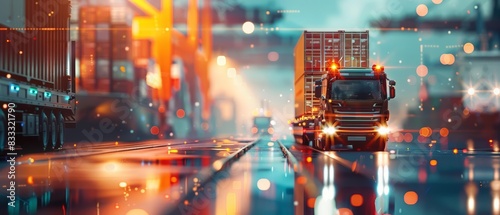 A closeup of a container truck in a ship port for business logistics and transportation of container cargo ship and cargo plane with a working crane bridge in the shipyard photo