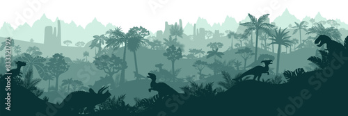 Dinosaur jungle background. Layered landscape with prehistoric rainforest. Parallax effect. Horizontal blue panoramic backdrop with dinosaurs, mountains, palms, trees and bushes.