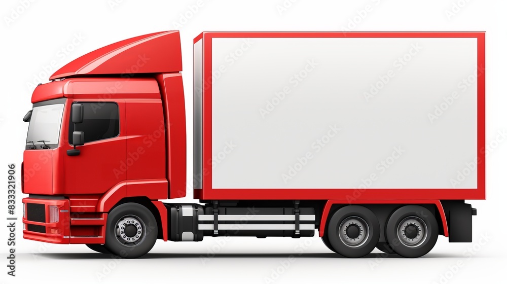 Side view of a sleek red delivery truck with a large white cargo area against a plain background, ideal for shipping and logistics concepts. Side view of a sleek red delivery truck with a large white cargo area against a plain background, ideal for shipping and logistics concepts.
