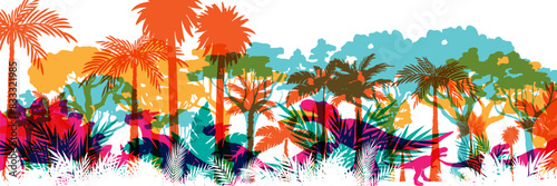 Dinosaur jungle background. Layered landscape with prehistoric rainforest. Parallax effect. Horizontal colorful panoramic backdrop with dinosaurs, mountains, palms, trees and bushes.
