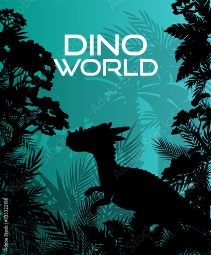 Velociraptor in jungle background. Layered landscape with prehistoric rainforest. Parallax effect. Panoramic backdrop with dinosaur, palms, trees and bushes.