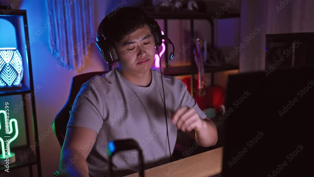 A focused asian man wearing headphones in a neon-lit gaming room at night, portraying modern digital entertainment and technology. A focused asian man wearing headphones in a neon-lit gaming room at night, portraying modern digital entertainment and technology.